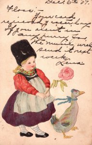 Vintage Postcard 1907 Thanksgiving Girl With Flower Nice Dress Duckling Greeting