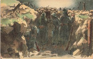 France WWI Military Soldiers in The Trenches Artist Gabard Postcard