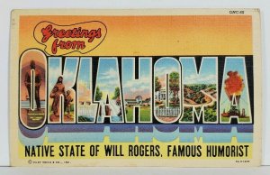 Oklahoma Large Letter Greetings Native State of Will Rogers Postcard M14