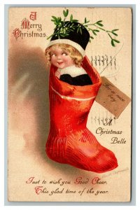 Vintage 1914 Ellen Clapsaddle Christmas Postcard Cute Boy in Red Xmas Stocking