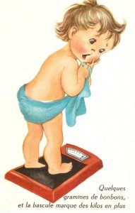 Little girl weighing herself in scale  Lovely vintage French postcard