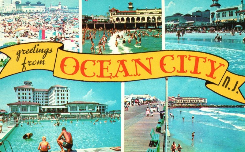 Vintage Postcard Greetings From Ocean City New Jersey Beach Scene Boardwalk