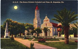 The Roman Catholic Cathedral and Plaza St Augustine Florida Linen Postcard C088