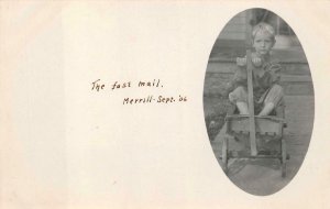 RPPC BIY IN TOY WAGON THE FAST MAIL MT. VERNON IOWA REAL PHOTO POSTCARD (1906)