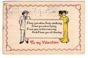 Drawing, Man and Woman, Nice Hats, Valentine`s Day Poem, Used 1911 Connecticut