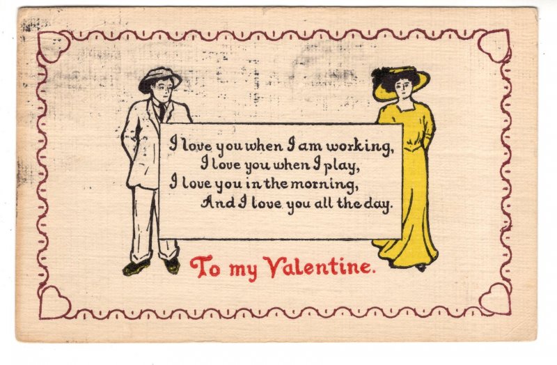 Drawing, Man and Woman, Nice Hats, Valentine`s Day Poem, Used 1911 Connecticut