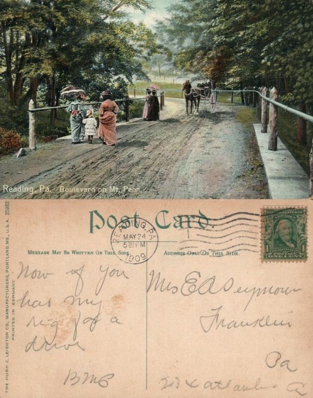 READING PA BOULEVARD ON MOUNT PENN 1909 ANTIQUE POSTCARD