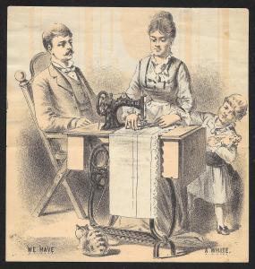 VICTORIAN TRADE CARD Metamorphic White Sewing Co Lady Sewing Man Cranking