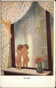 Sei lieb! Little Girl with Bare Butt Kisses Mirror Reflection c1910 Postcard 