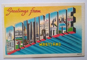Greetings From Baltimore Maryland Large Big Letter Postcard Linen Metropolitan