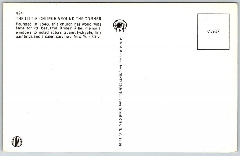 New York City NY 1960s Postcard The Little Church aRound The Corner