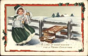 Christmas - Little Girl w/ Gifts - Steps Over Fence c1910 Postcard