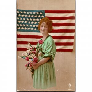 Original Antique WWI Era Real Photo Postcard - Hand Colored - Pretty Girl Flag