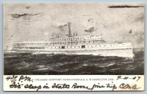 Streamer Newport News-Norfolk & Washington Line   Postcard  1907