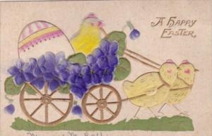 Easter Chicks Pulling Cart With Purple Flowers and Large Egg
