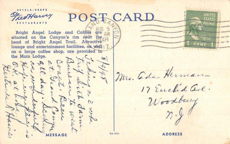 Grand Canyon National Park Arizona Bright Angel Lodge Antique Postcard K89912