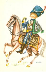 Little soldier on his horse, by Castañer Modern Spanish, artist signed, postca