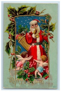 c1910's Merry Christmas Santa Claus Flute Holly Angel Cherub Embossed Postcard