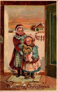 Christmas With Children Bringing Flowers 1908