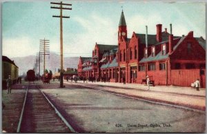 1910s OGDEN Utah Postcard UNION DEPOT Railroad Train Station Trackside Platform