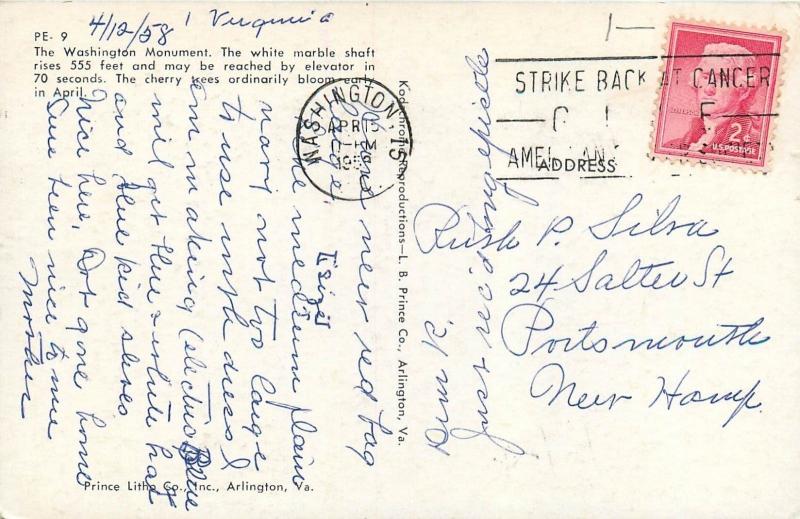 Washington Monument Cherry Blossoms Washington DC pm 1950's Postcard