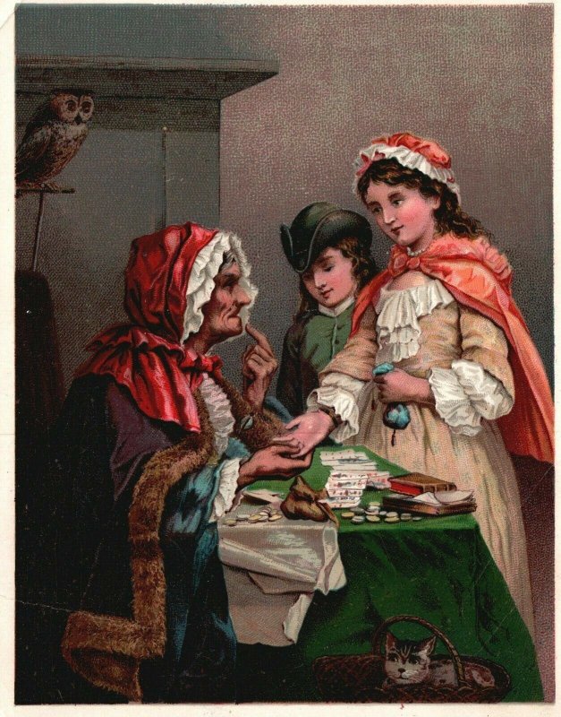 1880s-90s Older Gypsy Reading Girls Palm Fortune Teller Geo Beaks Trade Card