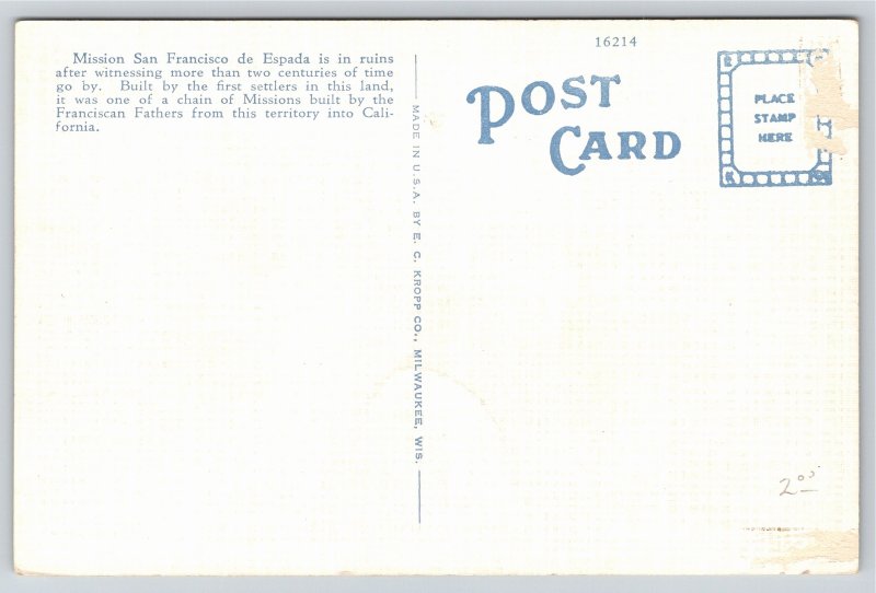San Antonio Texas~Mission San Francisco De Espada Ruins~EC Kropp~Linen Postcard