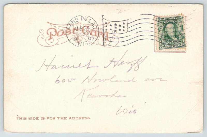 Fond du Lac Wisconsin~US Post Office~Lady Comes Down Steps~Flag on Roof~1907 