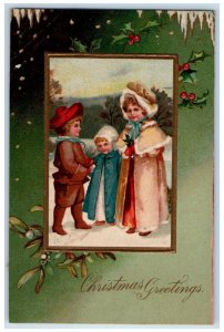 1907 Christmas Greetings Mother Children Berries Embossed Tuck's Posted Postcard 