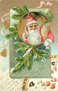 c1906 Tuck Embossed Christmas Postcard; Santa Claus is Listening, Bag of Goodies