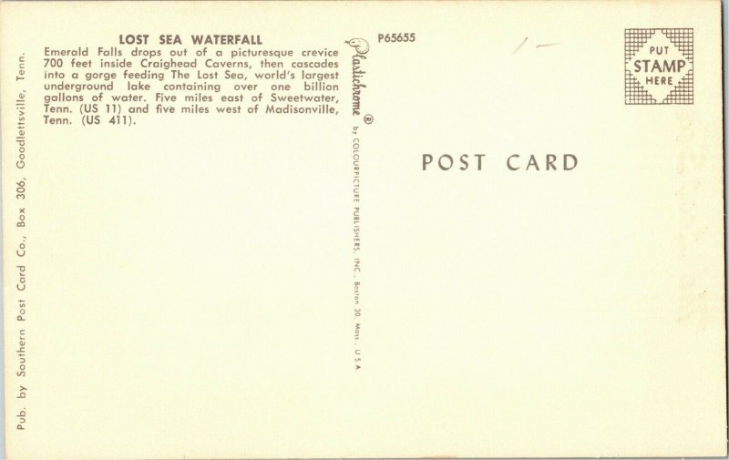 The Lost Sea Waterfall Craighead Caverns Sweetwater TN Postcard D36
