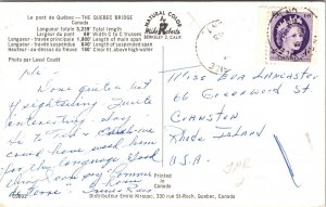 Quebec Bridge Canada Postcard PM Cancel WOB Note VTG Vintage Mike Roberts 4c 