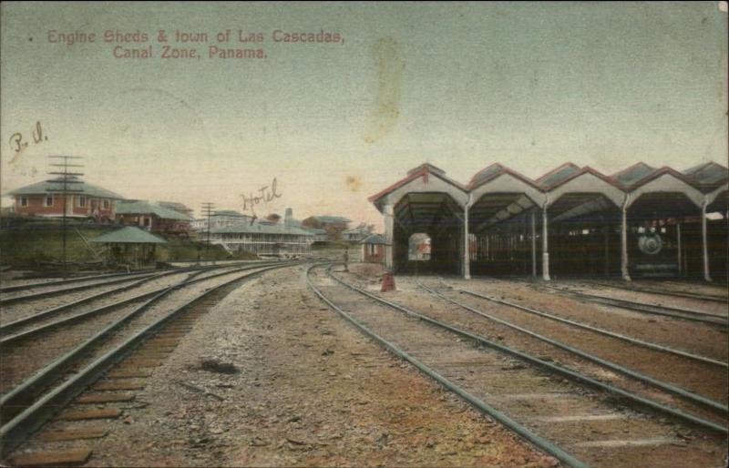 Panama Canal RR Train Engine Sheds Las Cascadas c1910 Postcard