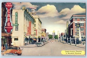 Cheyenne Wyoming WY Postcard Capitol Avenue Busy Day Buildings Road Street 1940