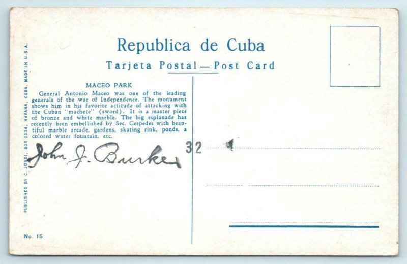 HAVANA, CUBA ~ Parque & Monumento MACEO PARK & MONUMENT c1920s-30s  Postcard