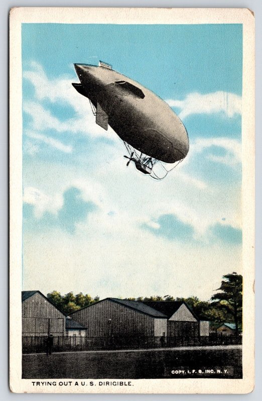 US Military~WWI Era Dirigible~Airship Blimp Over Barracks~c1917 Blue Sky B&W PC 