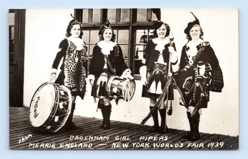 RPPC Dagenham Scottish Girl Pipers New York Worlds Fair 1939 UNP Postcard Q2