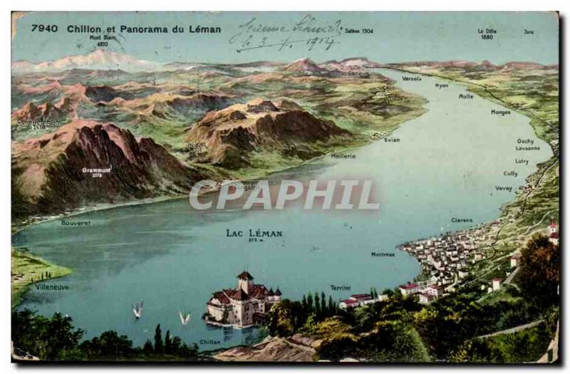 Switzerland Old Postcard Chillon and panorama of Leman