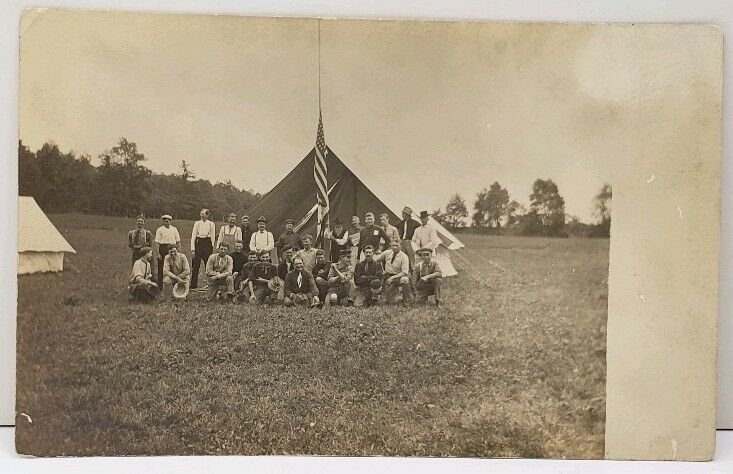 RPPC Pennsylvania Camp Men Reunion or Retreat US Flag Tents Postcard E15