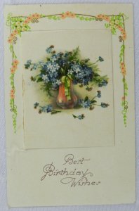 Red Vase Full of Bright Blue Perennials Best Birthday Wishes - Vintage Postcard