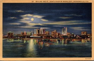 Florida Jacksonville Skyline and St John's River By Moonlight 1945 Curteich