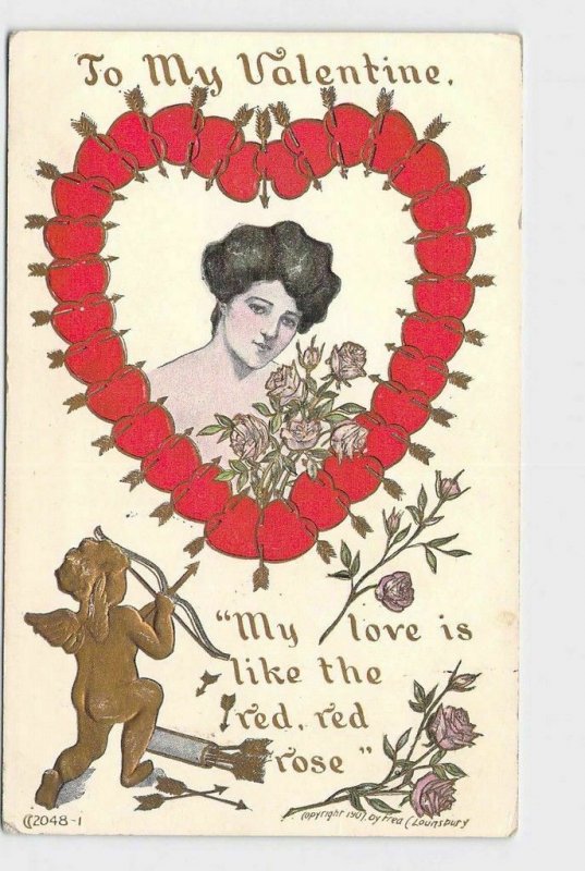 ANTIQUE VINTAGE VALENTINE POSTCARD WOMAN GIRL HEARTS AND ARROWS CUPID ROSES LOUN