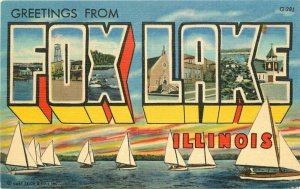 Fox Lake Illinois large letters Sailboats Aero Teich linen Postcard 21-9612