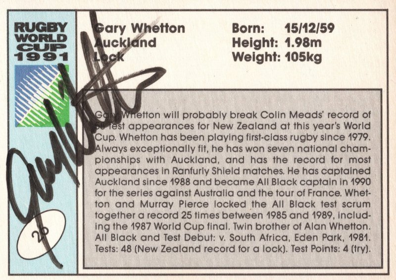 Gary Whetton New Zealand Hand Signed Rugby 1991 World Cup Card Photo