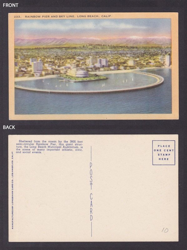 Postcard, United States, Long Beach CA, Rainbow Pier and Sky Line