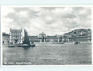 old rppc SAILBOAT BOAT AND BUILDINGS ALONG SHORE Lisbon - Lisboa Portugal HM1869