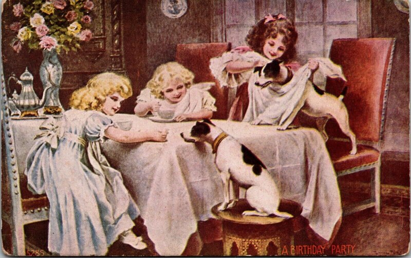 A BIRTHDAY PARTY - JACK RUSSELL TERRIER  - DOGS - GIRLS KIDS - VINTAGE POSTCARD