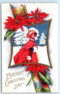 BRIGHT CHRISTMAS DAY Pretty WOMAN in RED Poinsettias c1910s Greeting Postcard