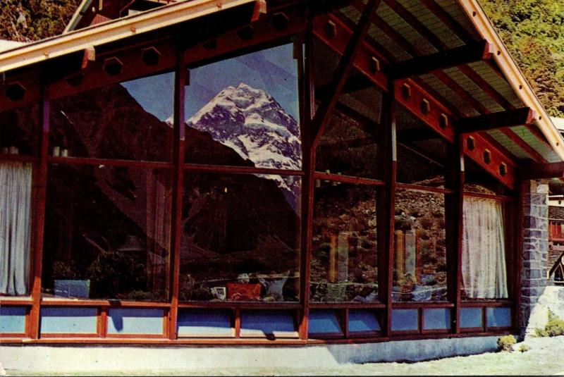 New Zealand Mount Cook Reflected In The Hermitage Lounge Window