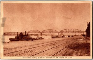 Municipal Bridge of Mississippi River, St Louis MO c1938 Vintage Postcard F55